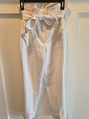 New York & Company White Paperbag Waist Tie-Belt Trousers